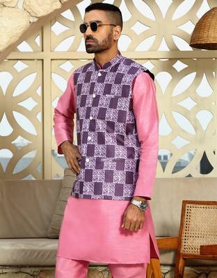 Silk blend solid pink kurta and churidar with purple printed nehru jacket 1