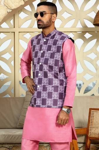 Silk blend solid pink kurta and churidar with purple printed nehru jacket
