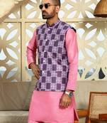 Silk blend solid pink kurta and churidar with purple printed nehru jacket