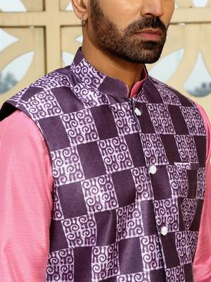 Silk blend solid pink kurta and churidar with purple printed nehru jacket 2