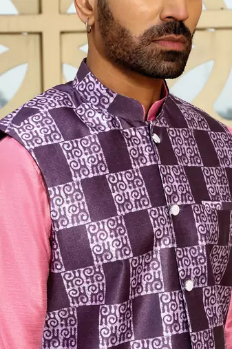Silk blend solid pink kurta and churidar with purple printed nehru jacket