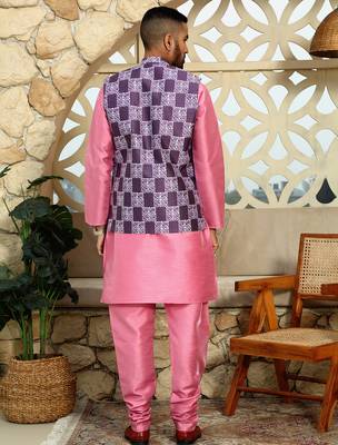 Silk blend solid pink kurta and churidar with purple printed nehru jacket 3