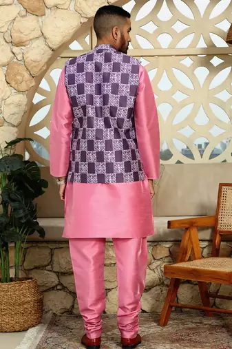 Silk blend solid pink kurta and churidar with purple printed nehru jacket