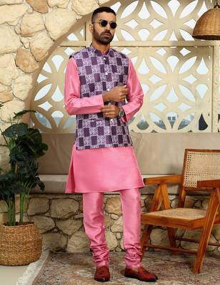 Silk blend solid pink kurta and churidar with purple printed nehru jacket 4
