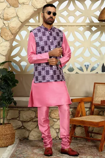 Silk blend solid pink kurta and churidar with purple printed nehru jacket