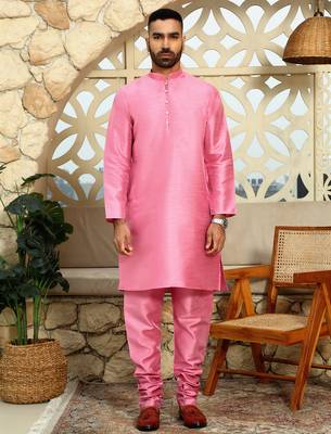 Silk blend solid pink kurta and churidar with purple printed nehru jacket 5