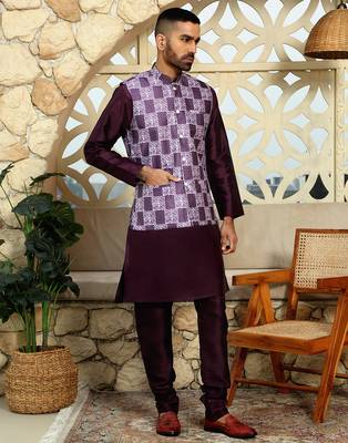 Silk blend solid wine kurta and churidar with printed nehru jacket 1
