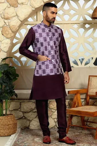 Silk blend solid wine kurta and churidar with printed nehru jacket