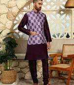 Silk blend solid wine kurta and churidar with printed nehru jacket