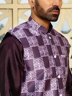 Silk blend solid wine kurta and churidar with printed nehru jacket 2