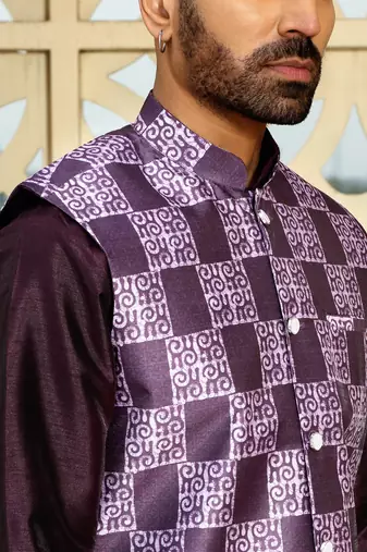 Silk blend solid wine kurta and churidar with printed nehru jacket