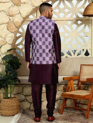 Silk blend solid wine kurta and churidar with printed nehru jacket 3