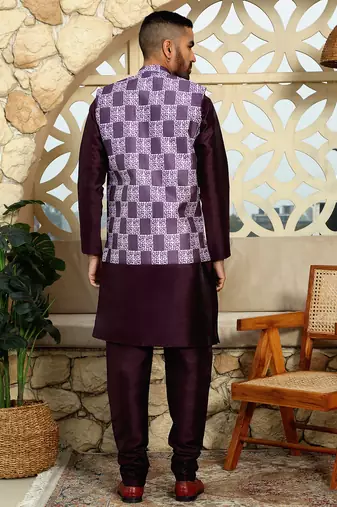 Silk blend solid wine kurta and churidar with printed nehru jacket