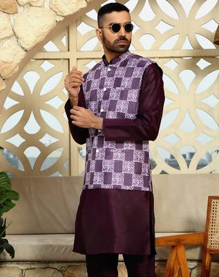 Silk blend solid wine kurta and churidar with printed nehru jacket 4