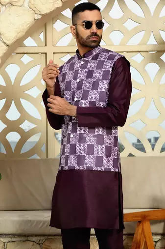 Silk blend solid wine kurta and churidar with printed nehru jacket