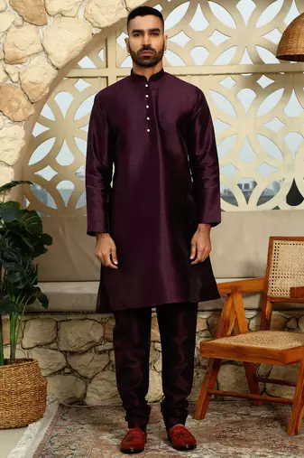 Silk blend solid wine kurta and churidar with printed nehru jacket