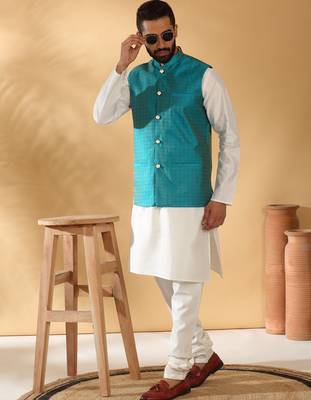 Silk blend cream kurta and churidar with jacquard geometric turquoise nehru jacket 1