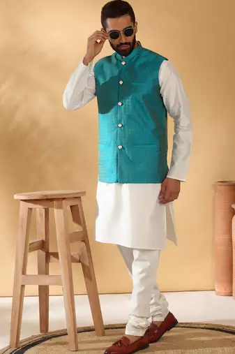 Silk blend cream kurta and churidar with jacquard geometric turquoise nehru jacket