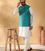 Silk blend cream kurta and churidar with jacquard geometric turquoise nehru jacket