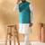 Silk blend cream kurta and churidar with jacquard geometric turquoise nehru jacket