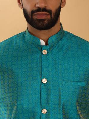 Silk blend cream kurta and churidar with jacquard geometric turquoise nehru jacket 3
