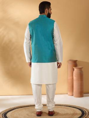 Silk blend cream kurta and churidar with jacquard geometric turquoise nehru jacket 4