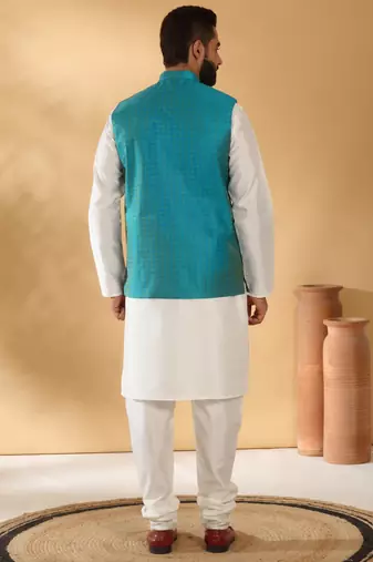 Silk blend cream kurta and churidar with jacquard geometric turquoise nehru jacket