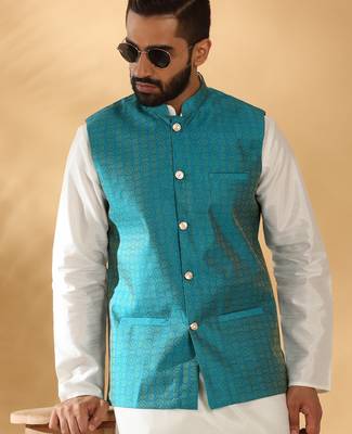 Silk blend cream kurta and churidar with jacquard geometric turquoise nehru jacket 5