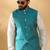 Silk blend cream kurta and churidar with jacquard geometric turquoise nehru jacket
