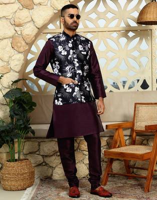 Silk blend solid Wine kurta and churidar with floral wine nehru jacket 1