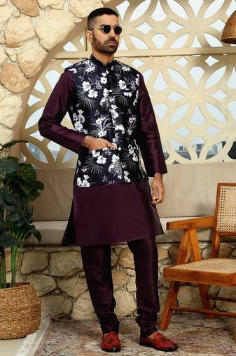 Silk blend solid Wine kurta and churidar with floral wine nehru jacket