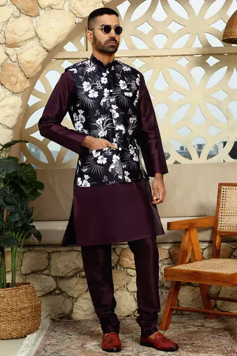 Silk blend solid Wine kurta and churidar with floral wine nehru jacket