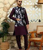 Silk blend solid Wine kurta and churidar with floral wine nehru jacket