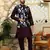 Silk blend solid Wine kurta and churidar with floral wine nehru jacket