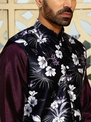 Silk blend solid Wine kurta and churidar with floral wine nehru jacket 2