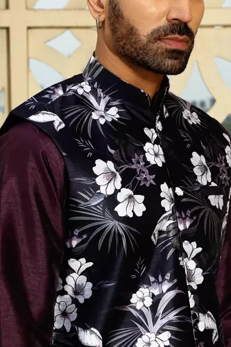 Silk blend solid Wine kurta and churidar with floral wine nehru jacket