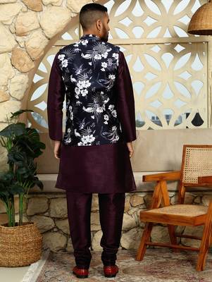 Silk blend solid Wine kurta and churidar with floral wine nehru jacket 3