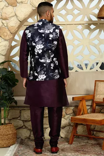 Silk blend solid Wine kurta and churidar with floral wine nehru jacket