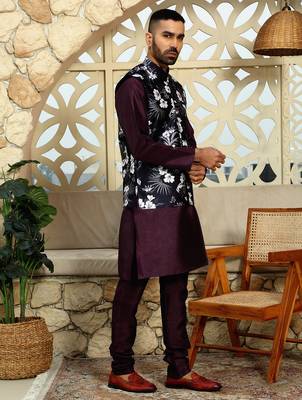 Silk blend solid Wine kurta and churidar with floral wine nehru jacket 4