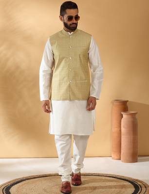 Silk blend cream kurta and churidar with jacquard geometric beige nehru jacket 1
