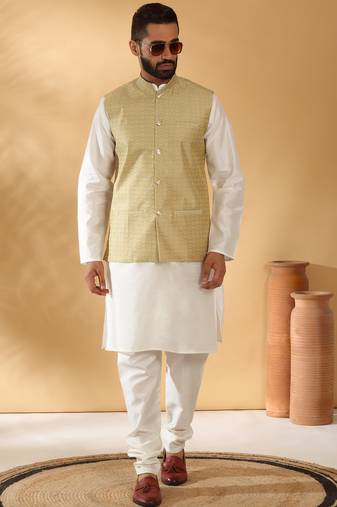 Silk blend cream kurta and churidar with jacquard geometric beige nehru jacket
