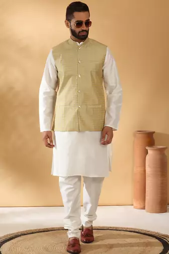 Silk blend cream kurta and churidar with jacquard geometric beige nehru jacket