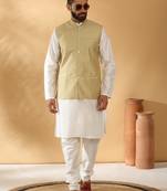 Silk blend cream kurta and churidar with jacquard geometric beige nehru jacket