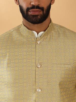 Silk blend cream kurta and churidar with jacquard geometric beige nehru jacket 2