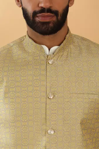 Silk blend cream kurta and churidar with jacquard geometric beige nehru jacket