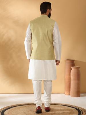 Silk blend cream kurta and churidar with jacquard geometric beige nehru jacket 3