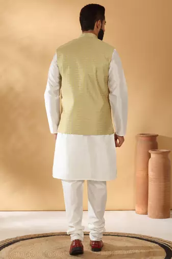 Silk blend cream kurta and churidar with jacquard geometric beige nehru jacket