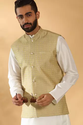 Silk blend cream kurta and churidar with jacquard geometric beige nehru jacket