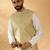 Silk blend cream kurta and churidar with jacquard geometric beige nehru jacket