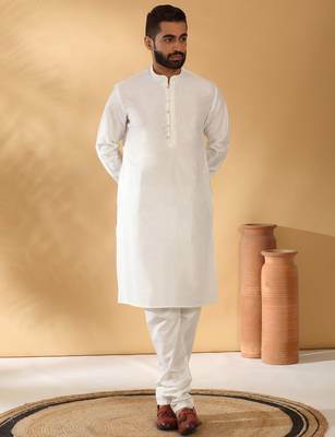 Silk blend cream kurta and churidar with jacquard geometric beige nehru jacket 5